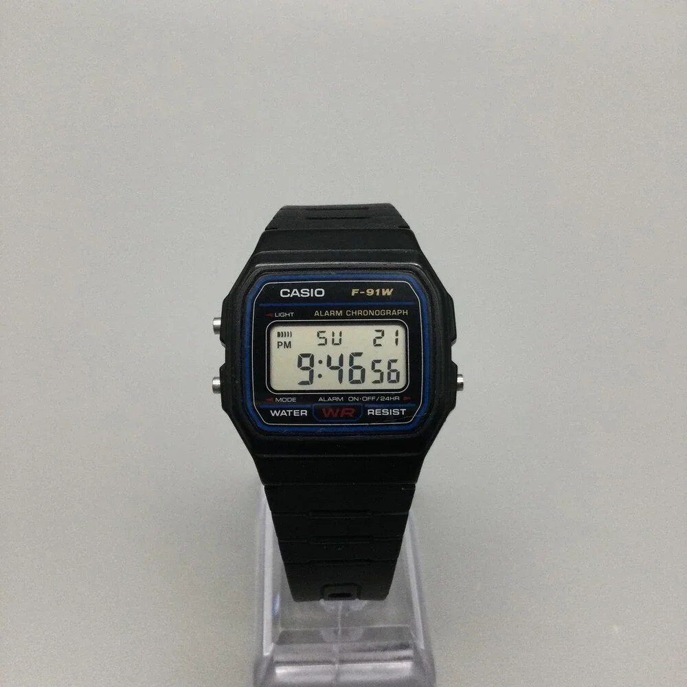 Casio 593 F-91W Mens Watch 33mm Black Resin Alarm Chronograph Backlight